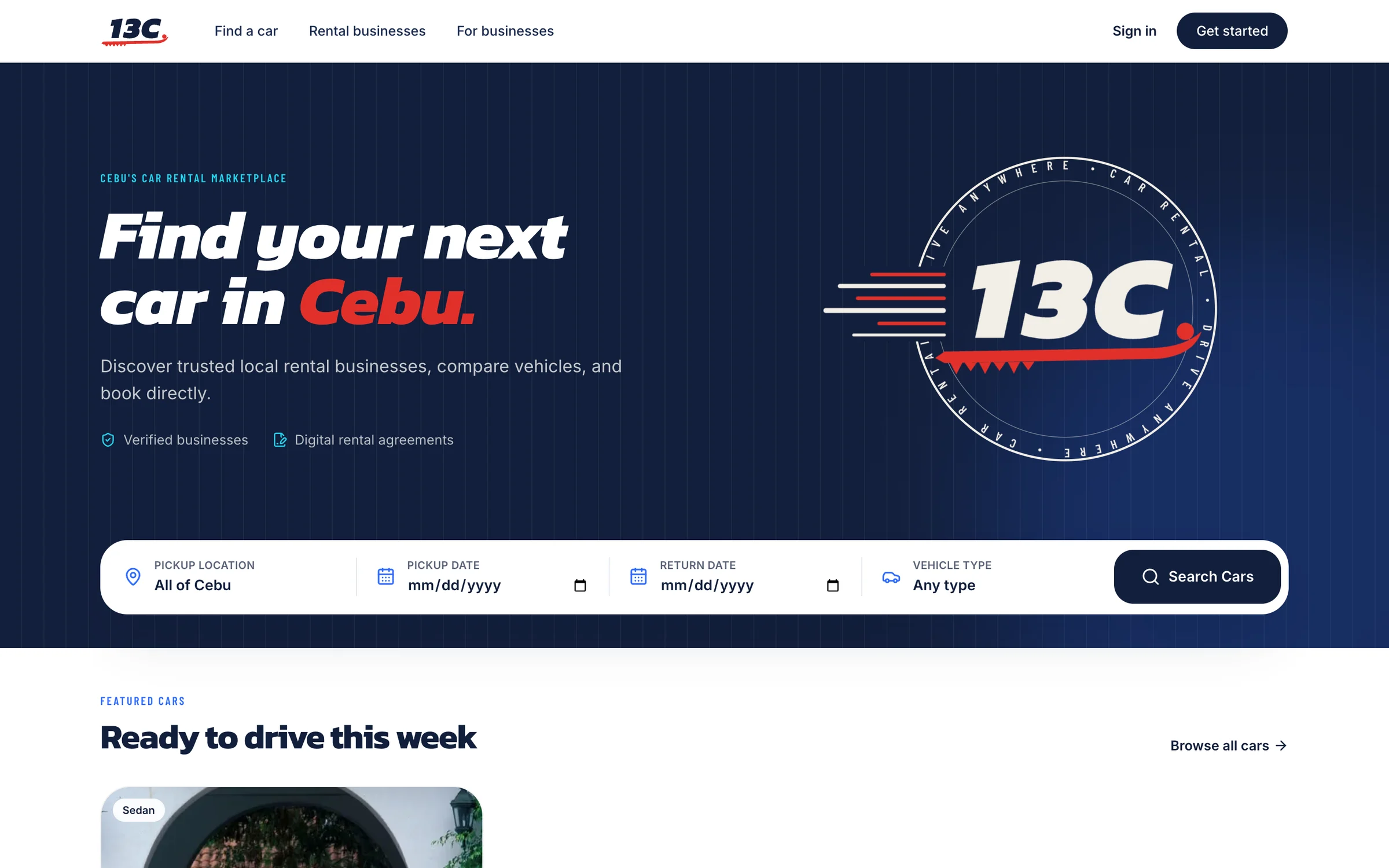 The 13C marketplace home page with a search for cars across Cebu