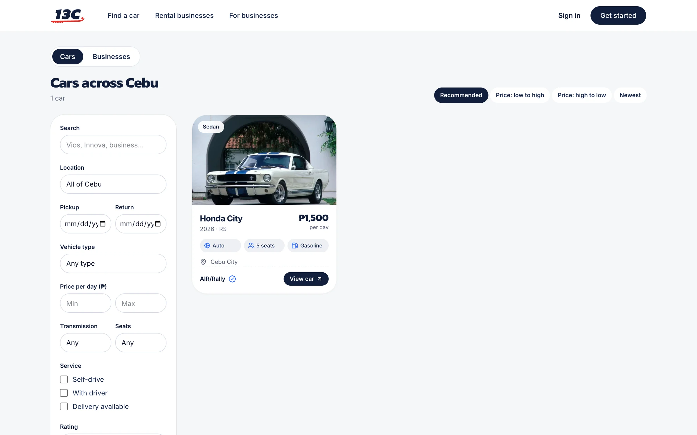 Cars across Cebu with filters for location, dates, type, price, and service