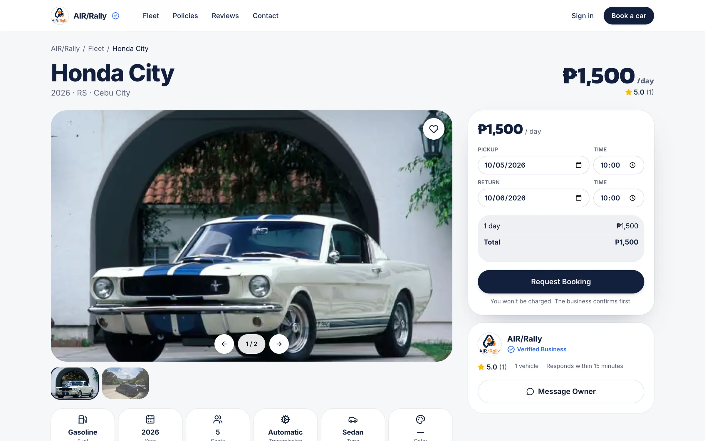 A car’s page with photos, specs, and a booking request