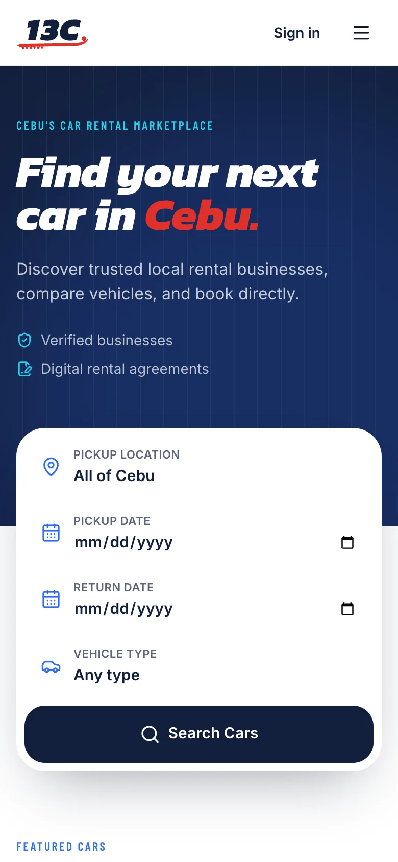 The 13C home page on a phone