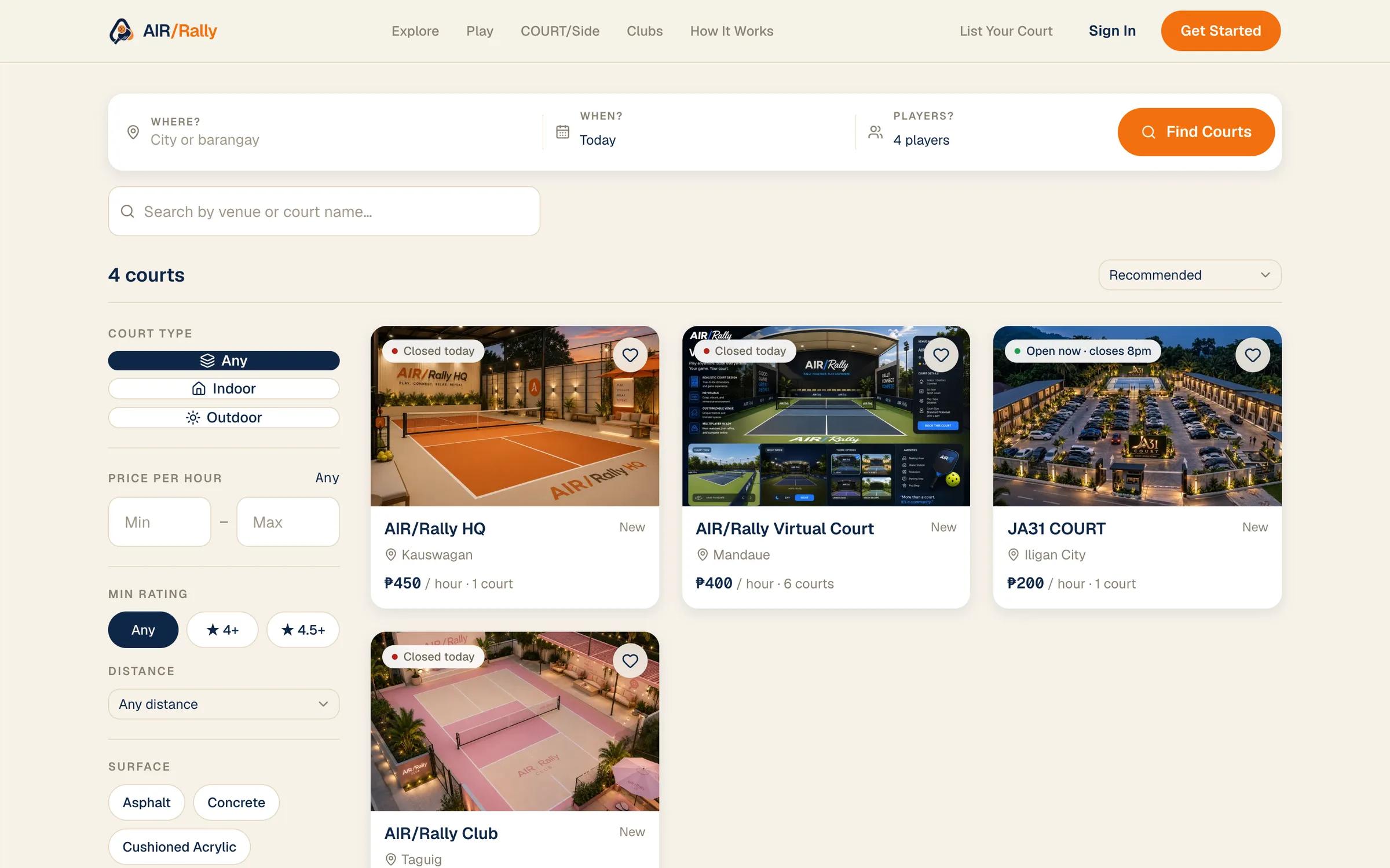 Exploring courts with filters on air-rally.com
