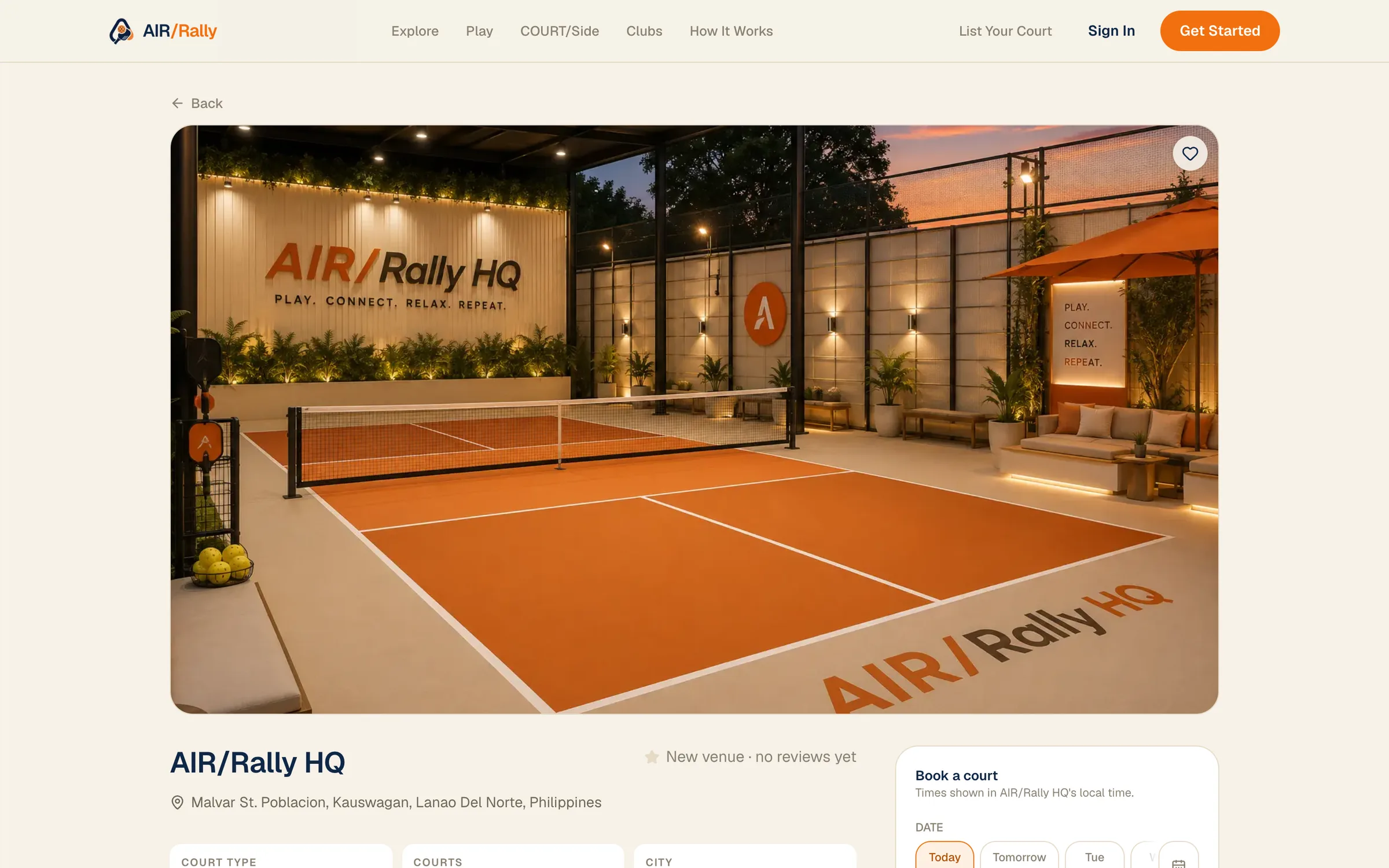 AIR/Rally HQ venue page with the booking panel