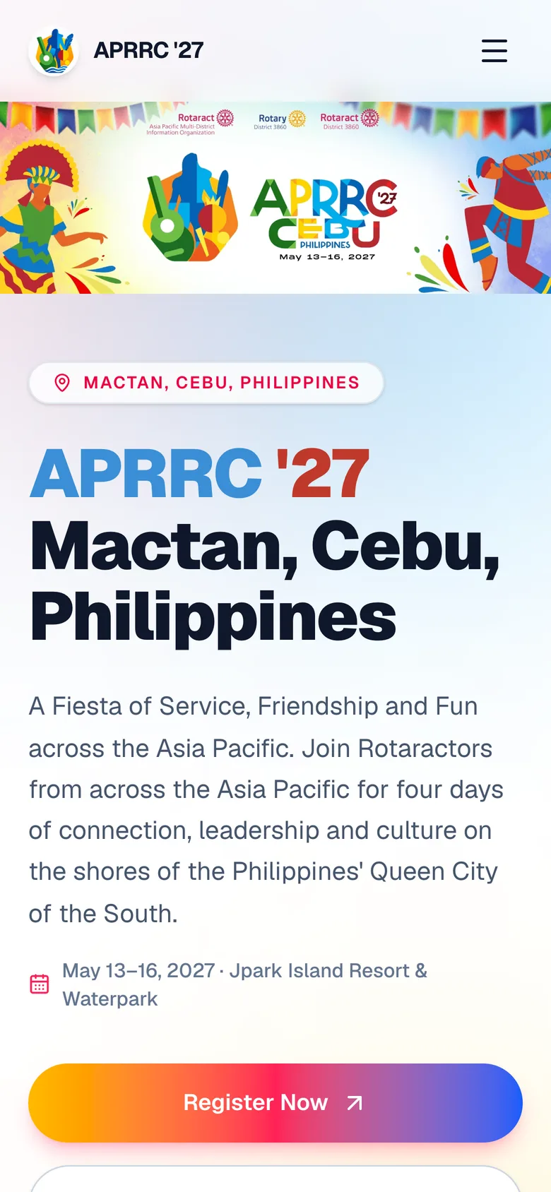 APRRC '27 homepage on a phone