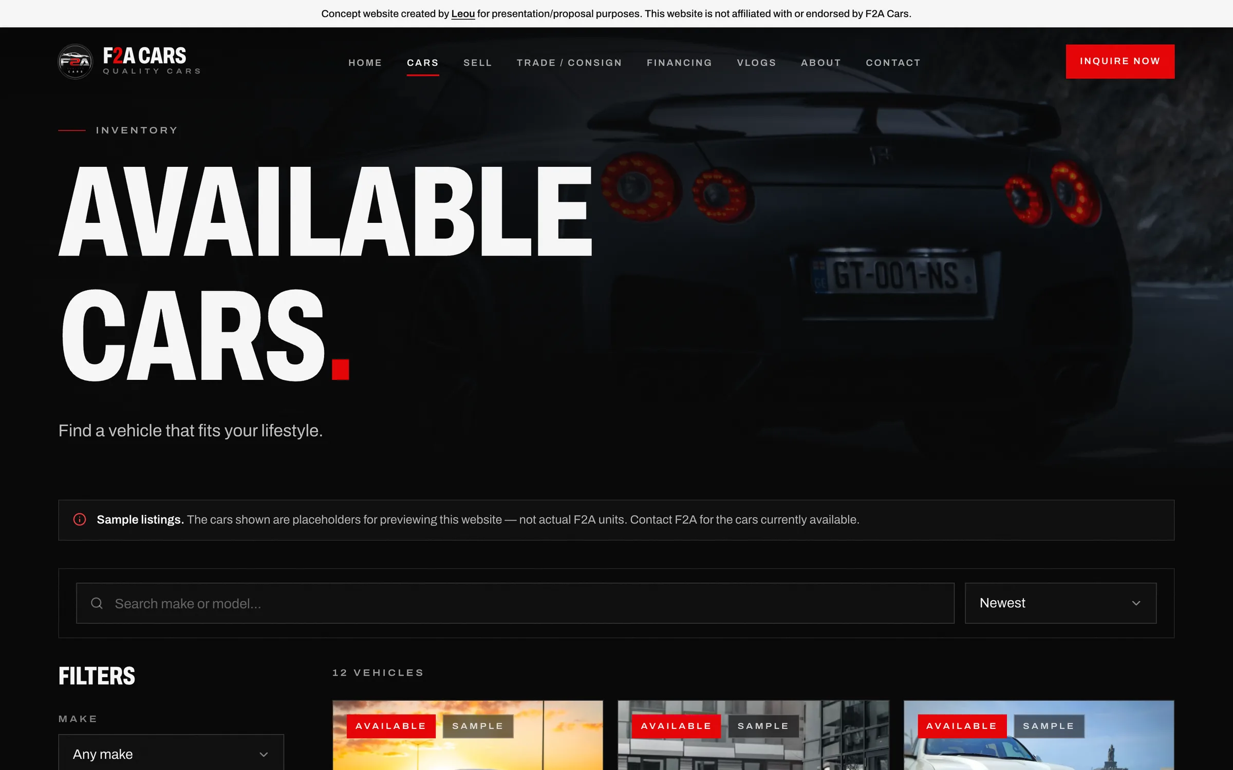 Available cars with search and filters