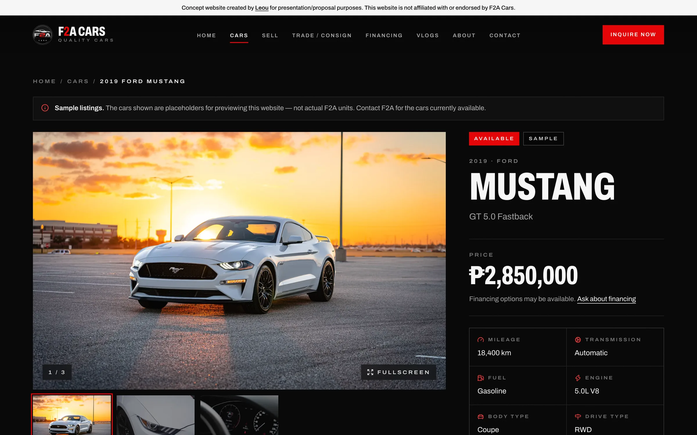 A car’s detail page with photos, price, and specs
