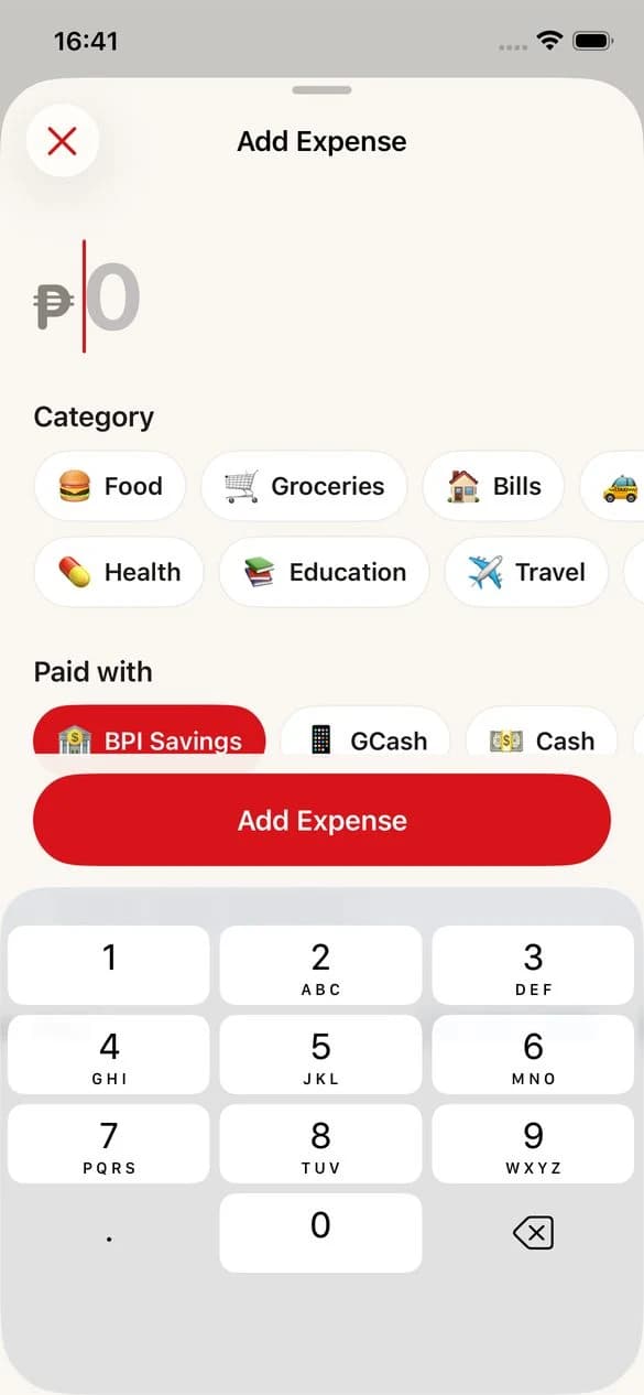 Adding an expense with a category and the wallet that paid