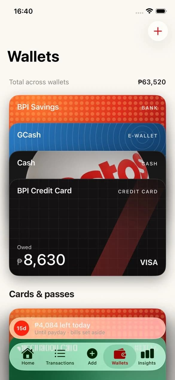Wallets for a bank, an e-wallet, cash, and a credit card, stacked like Apple Wallet