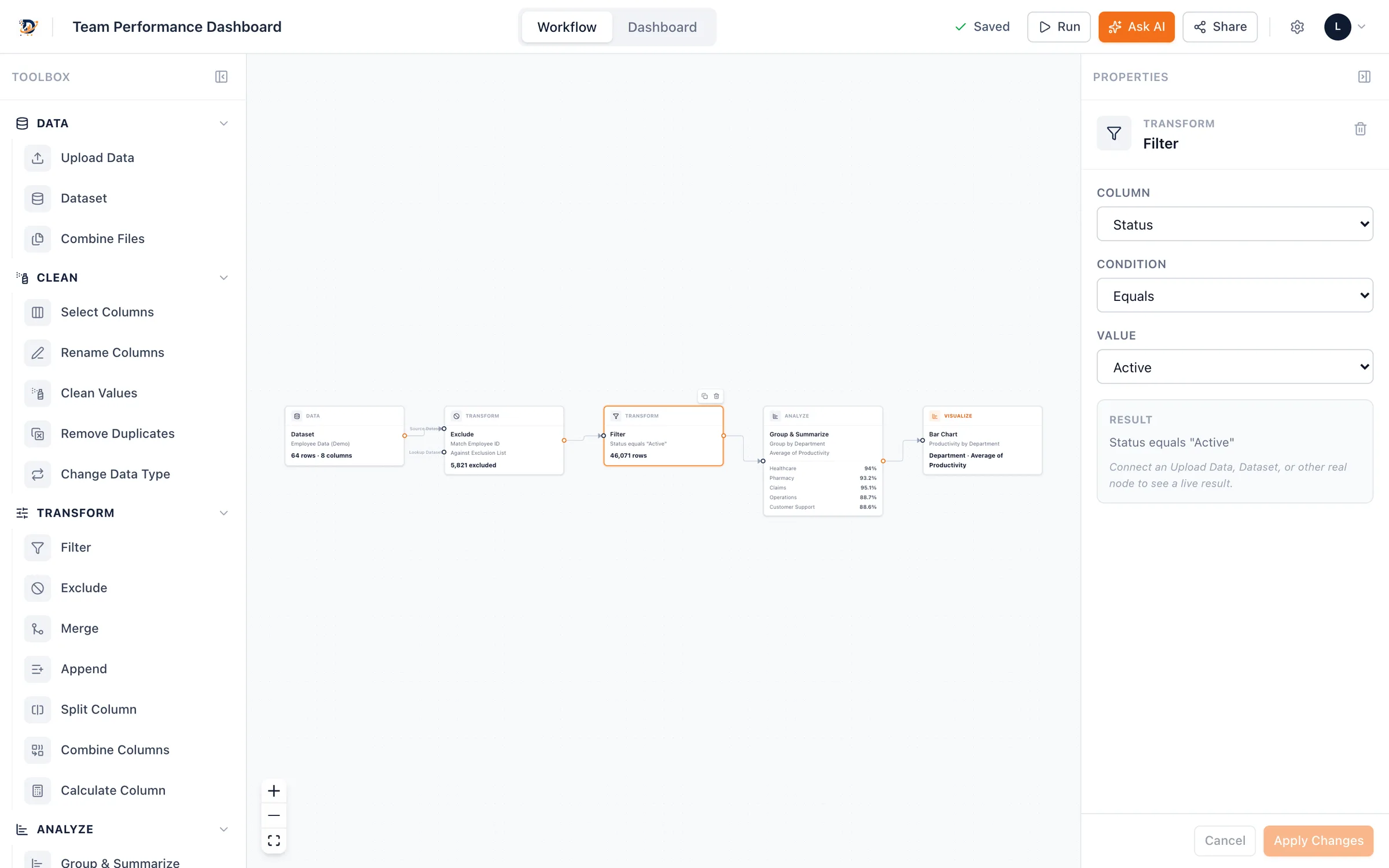 A workflow on the canvas with a Filter step selected