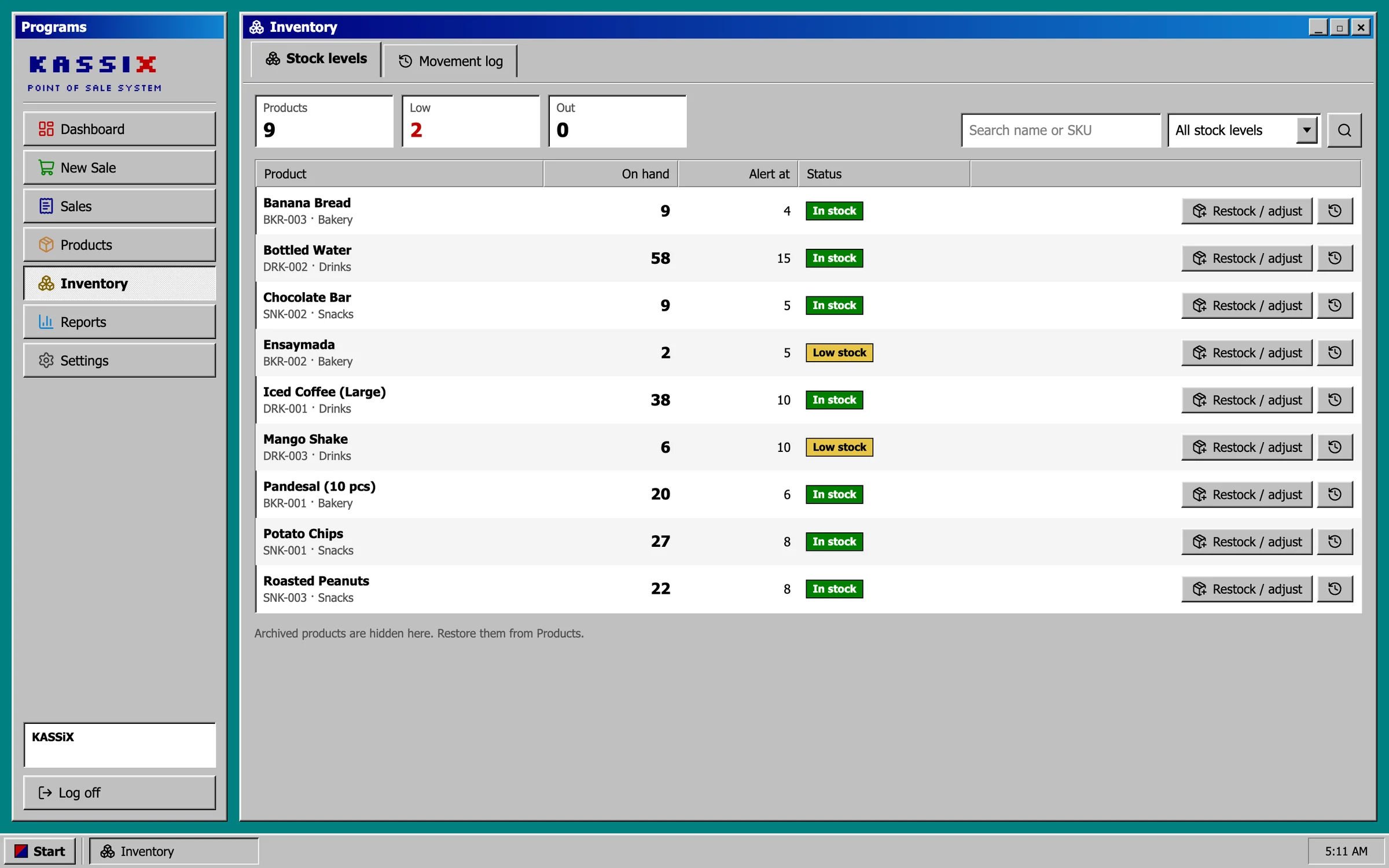 Inventory with stock levels and a movement log