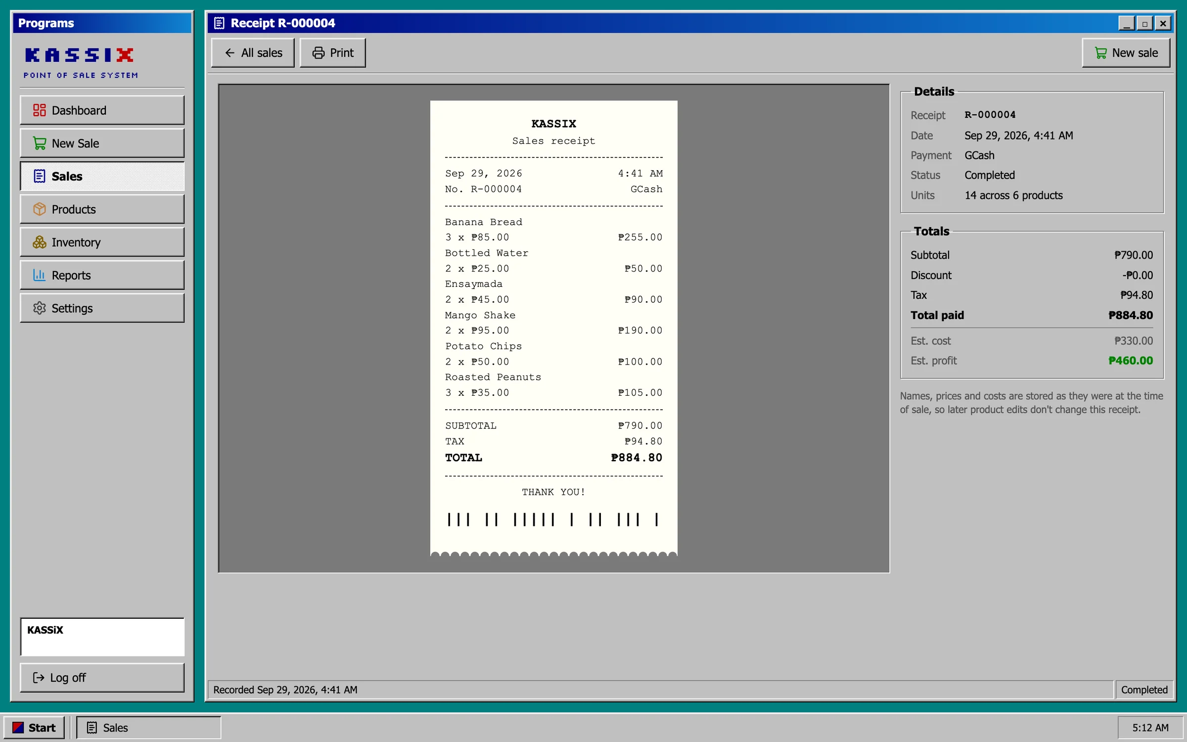 A sale’s receipt, ready to print
