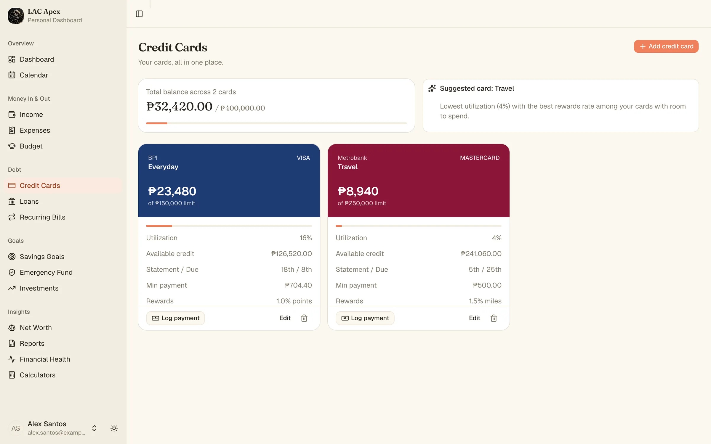 Credit cards with utilization and due dates