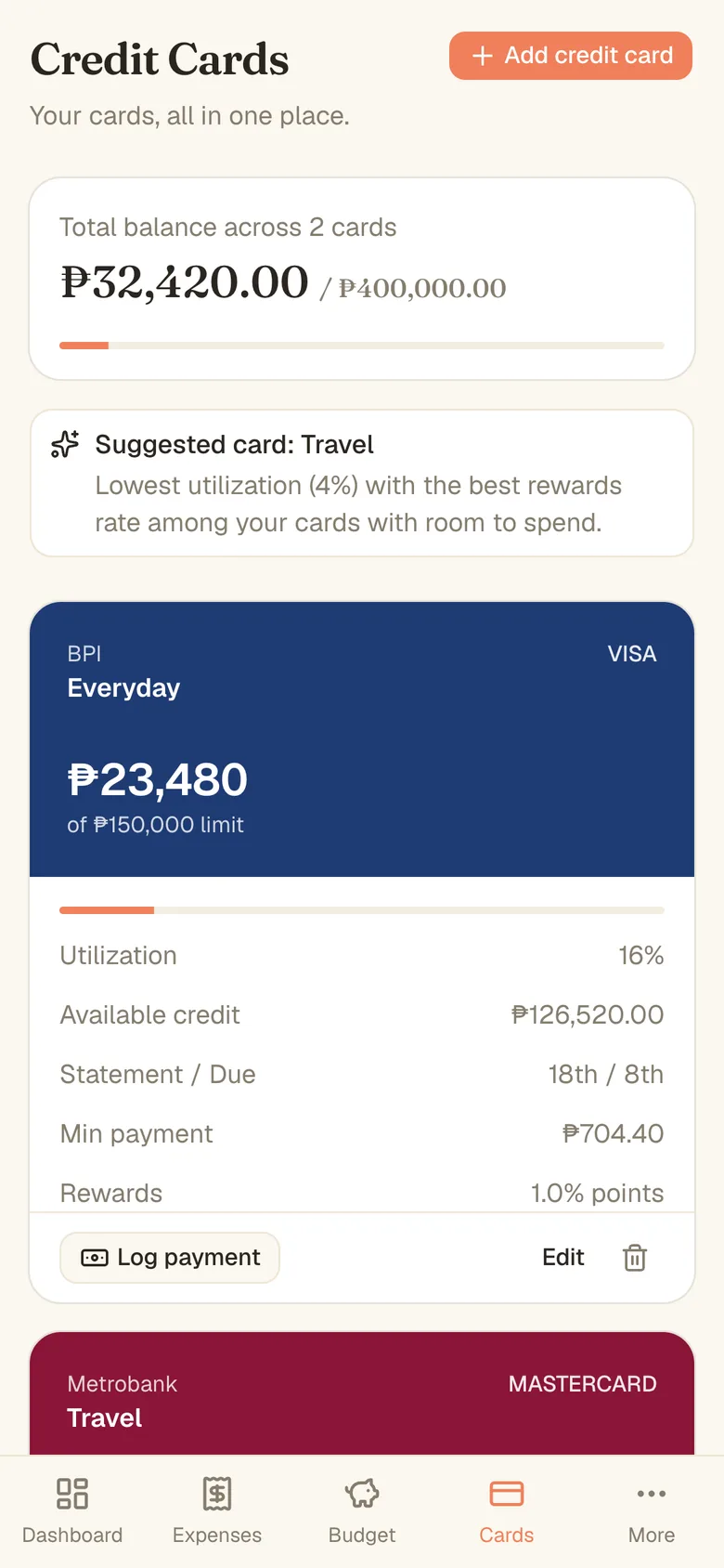 Credit cards on a phone
