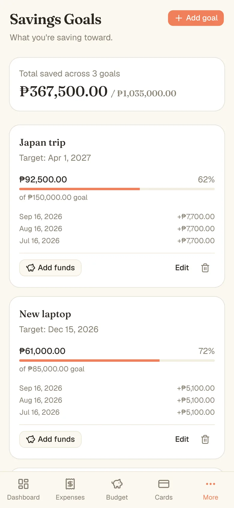 Savings goals on a phone